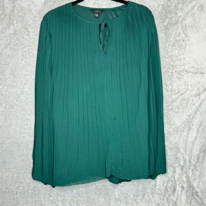 Adiva 1X Shirt Top Green Solid Long Sleeve Keyhole Round Neck Pleated Womens